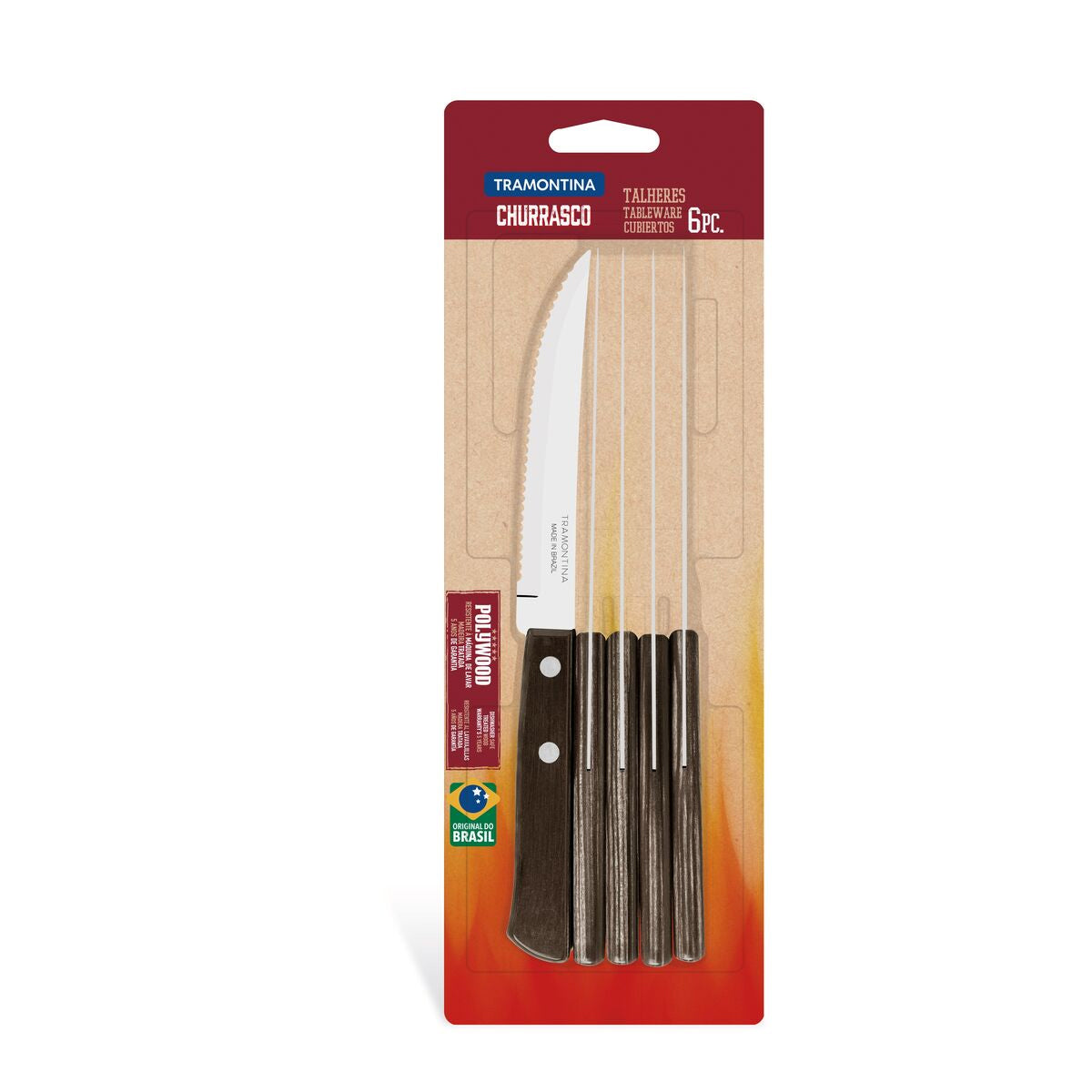 Conjunto de Facas para Churrasco Tramontina 5" em Aço Inox com Cabo Polywood 6 Peças