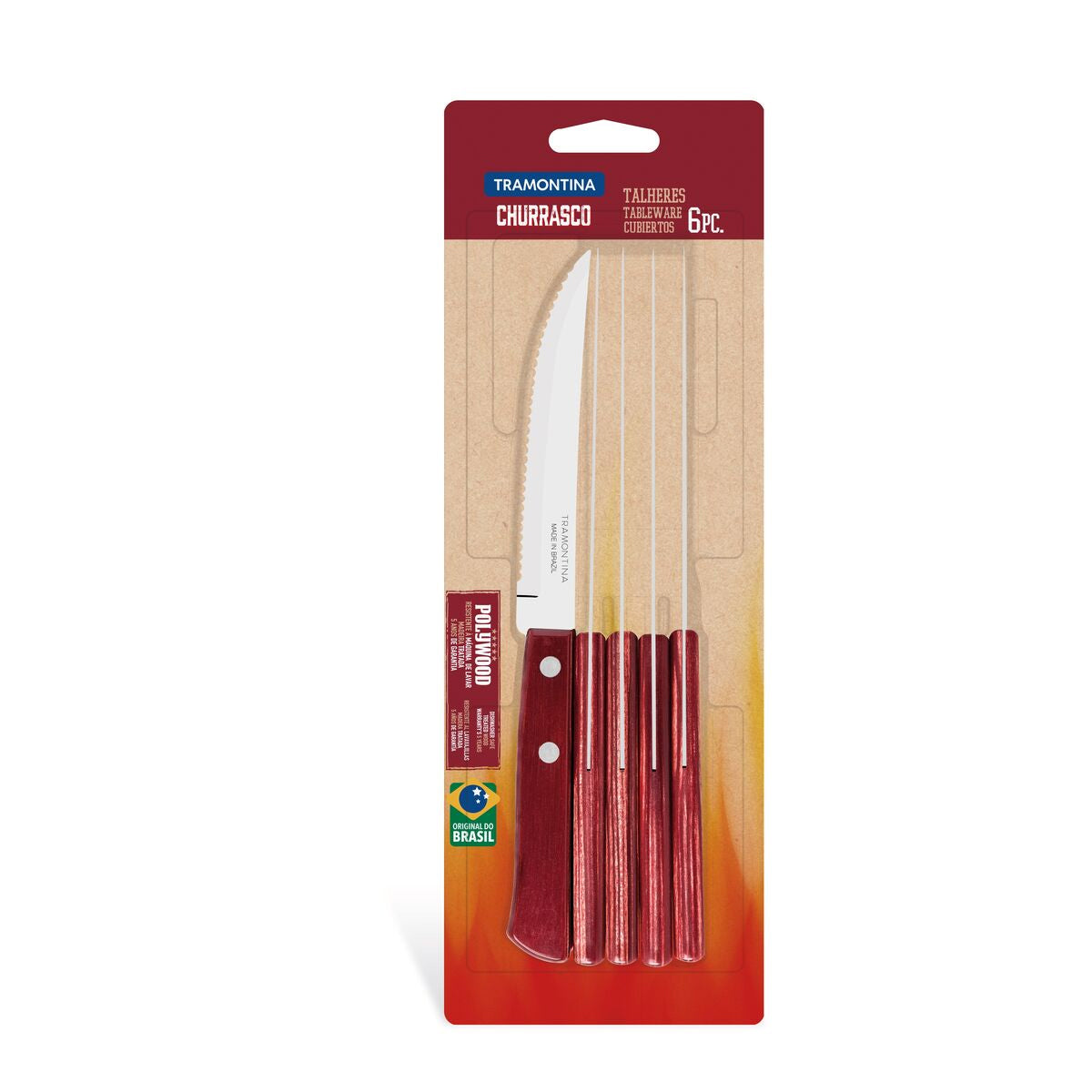 Conjunto de Facas para Churrasco Tramontina 5" em Aço Inox com Cabo Polywood 6 Peças